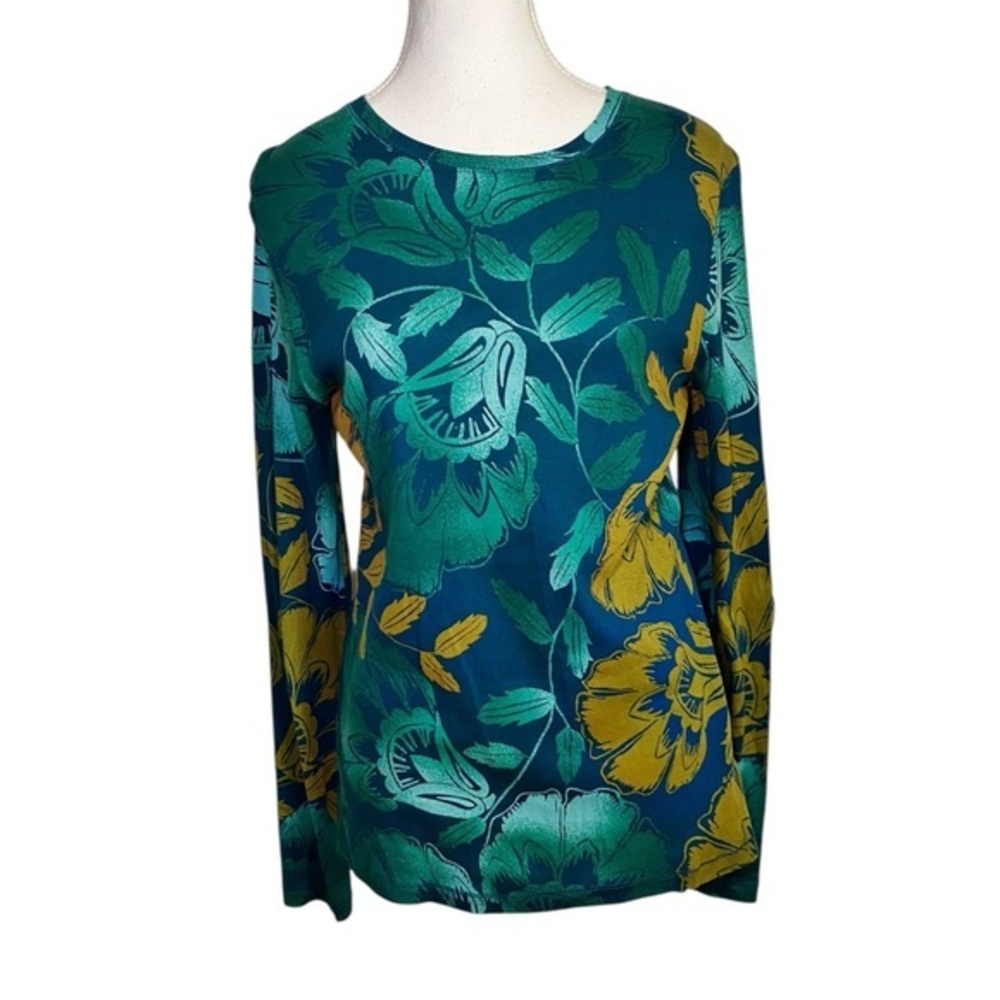 Sonoma Green and Yellow Floral Botanical Cotton Long Sleeve Top